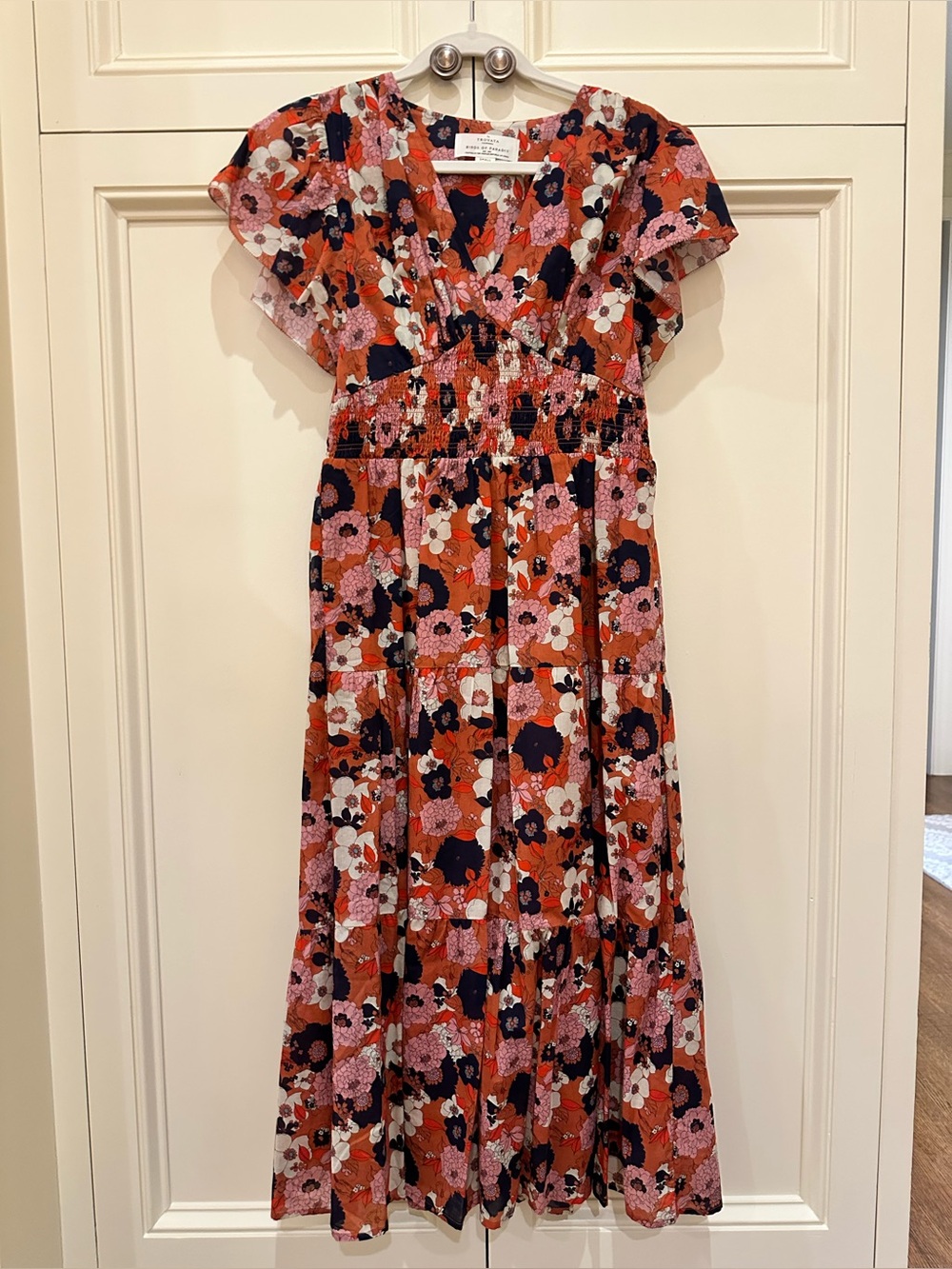 Trovata Birds of Paradis Rust Floral Midi Dress with Pink, Navy & White